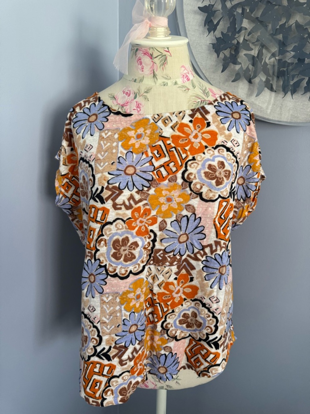 Nicole Miller Floral Short Sleeve Top in Orange, Blue and Cream